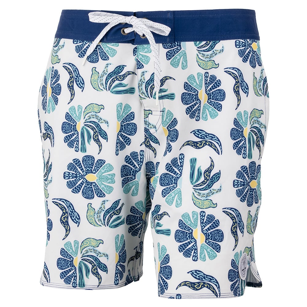 White board shorts with a blue waistband and a blue, green, and yellow floral pattern, featuring a white drawstring at the waist.