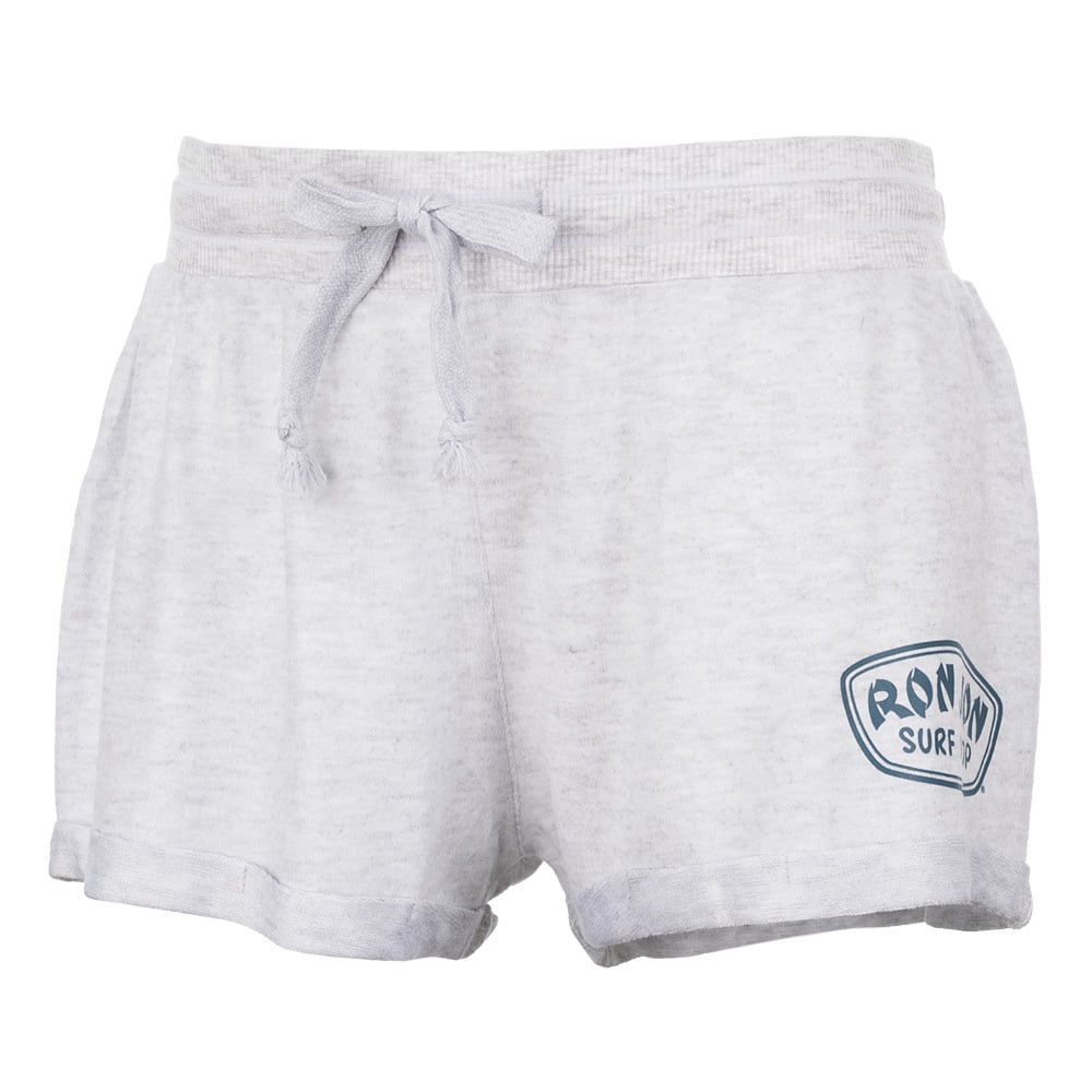 Gray drawstring shorts with RON JON SURF SHOP logo on the left side.