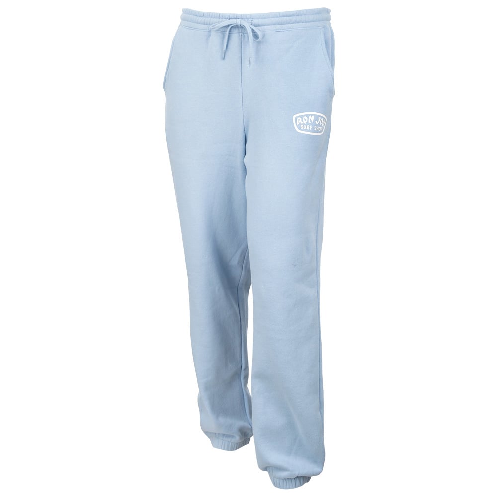 Light blue sweatpants with an elastic waistband, drawstring, side pockets, and a small white logo on the upper left thigh.