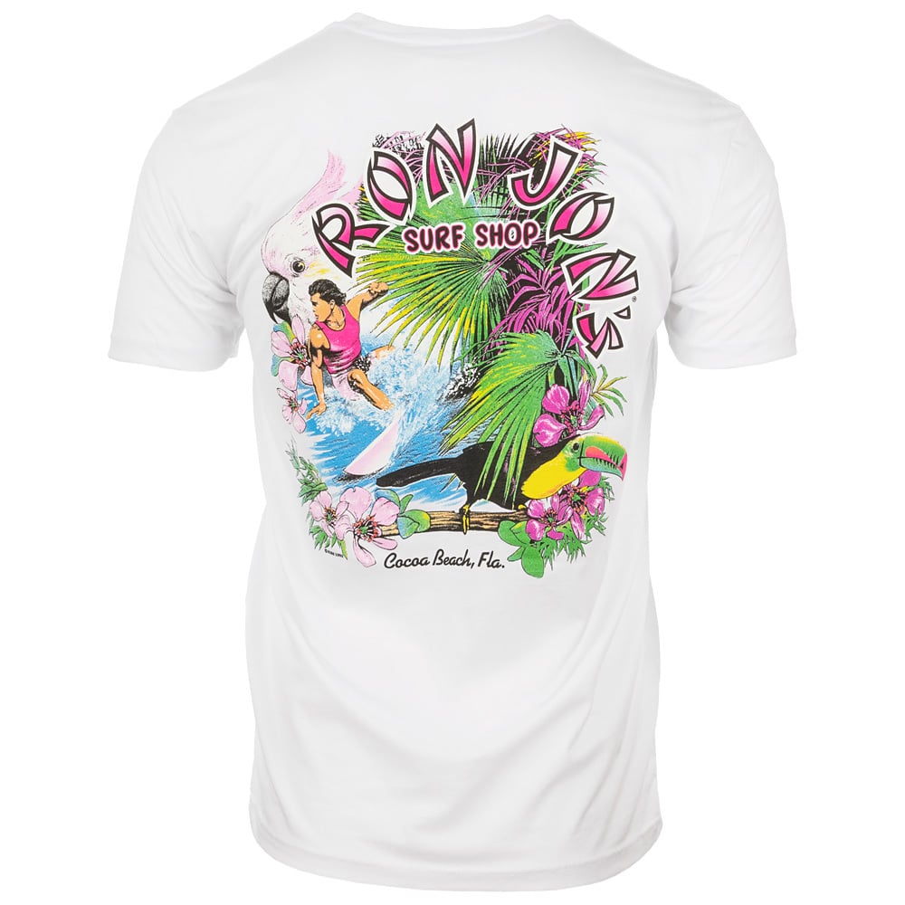 White T-shirt with Ron Jon Surf Shop text and a colorful graphic featuring a surfer, cockatoo, tropical plants, and Cocoa Beach, Fla. written on the back.