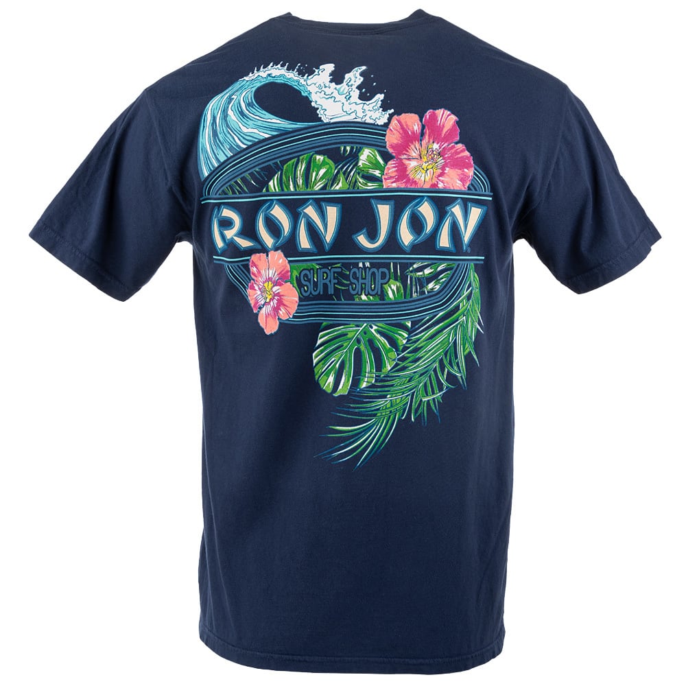 Navy blue t-shirt featuring a Ron Jon Surf Shop logo with a wave, pink flowers, and green leaves design on the back.