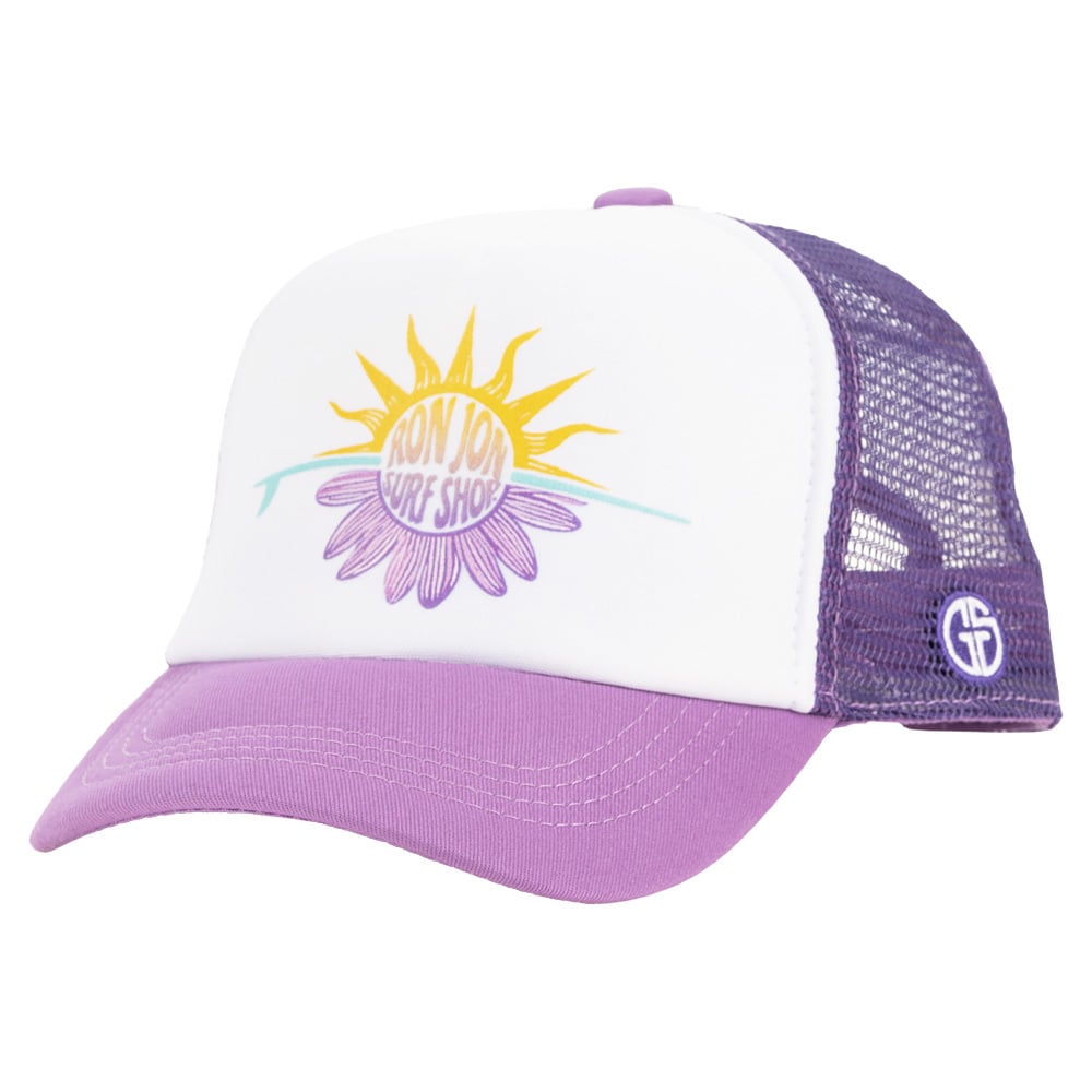 Purple and white trucker hat with a sun and flower design featuring the text Ron Jon Surf Shop on the front.