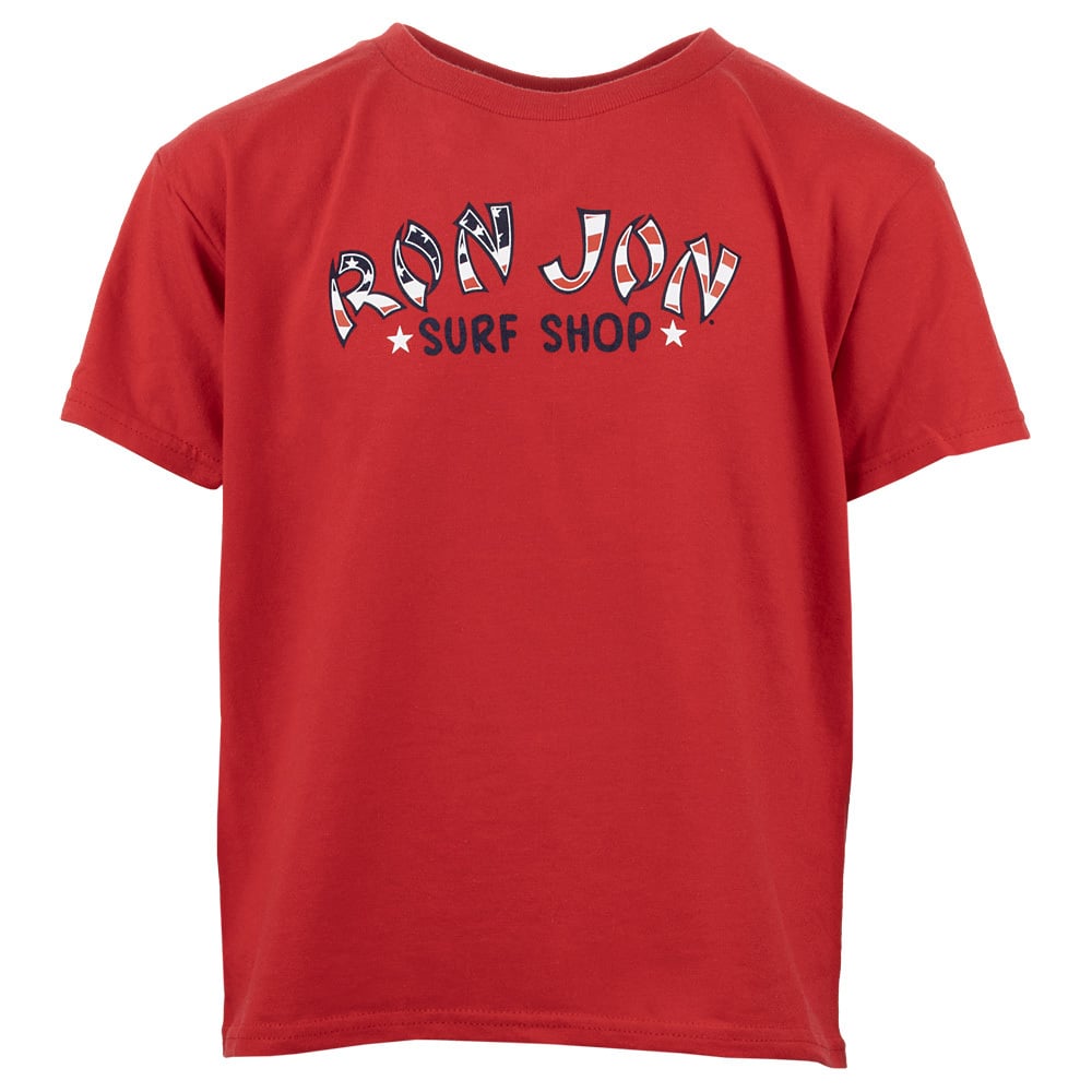 A red t-shirt with Ron Jon Surf Shop written in patterned white and black letters across the chest.