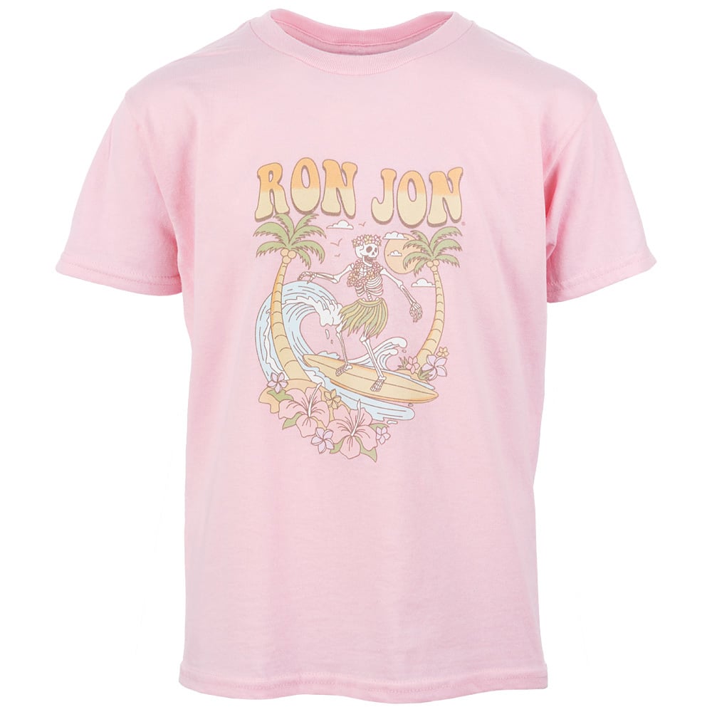 Pink T-shirt featuring a graphic of a skeleton surfing between two palm trees with the text RON JON above.