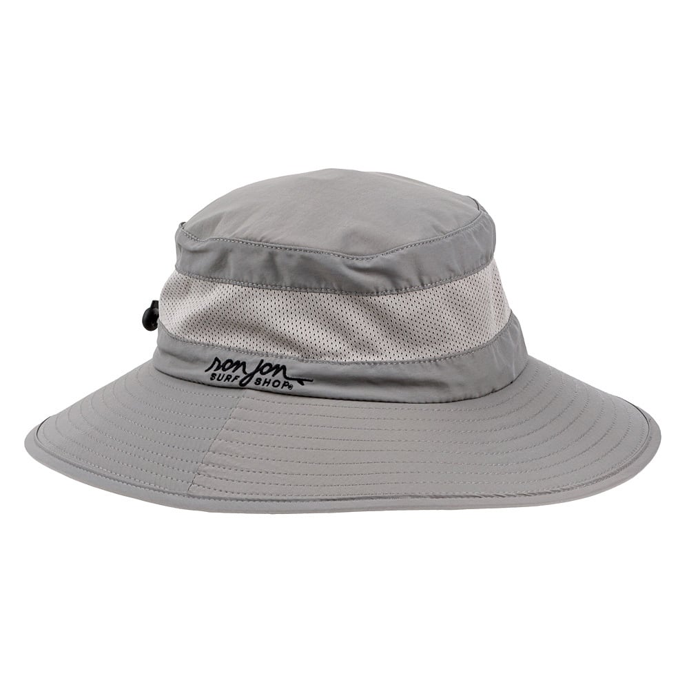 Gray wide-brimmed sun hat with mesh ventilation and adjustable drawstring. Black text on the side reads Ron Jon Surf Shop.