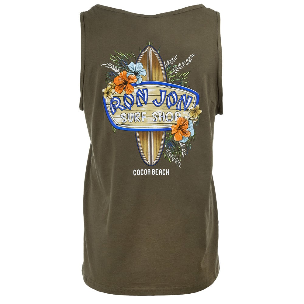 Olive green tank top featuring a surfboard graphic with flowers and the text Ron Jon Surf Shop Cocoa Beach on the back.