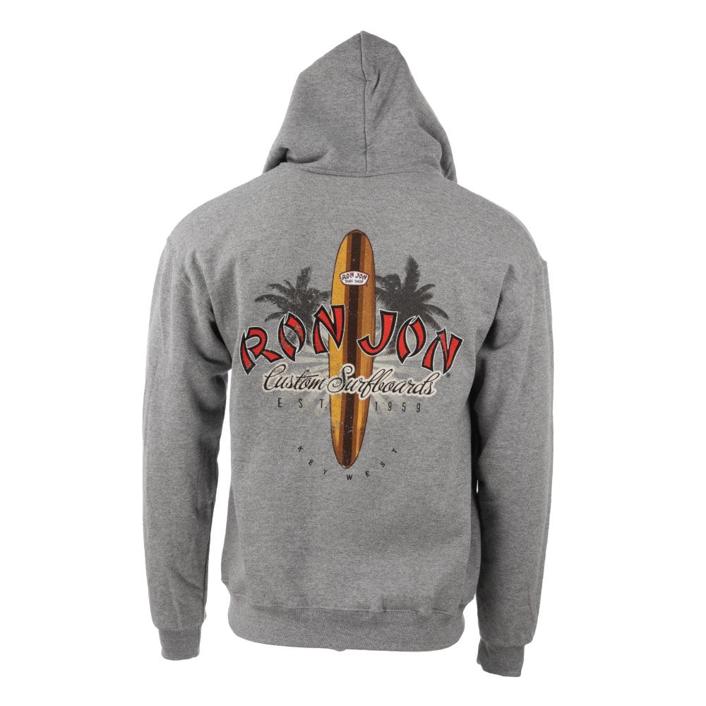A gray gun metal hooded sweatshirt featuring a Ron Jon Custom Surfboards logo with a surfboard and palm trees printed on the back.