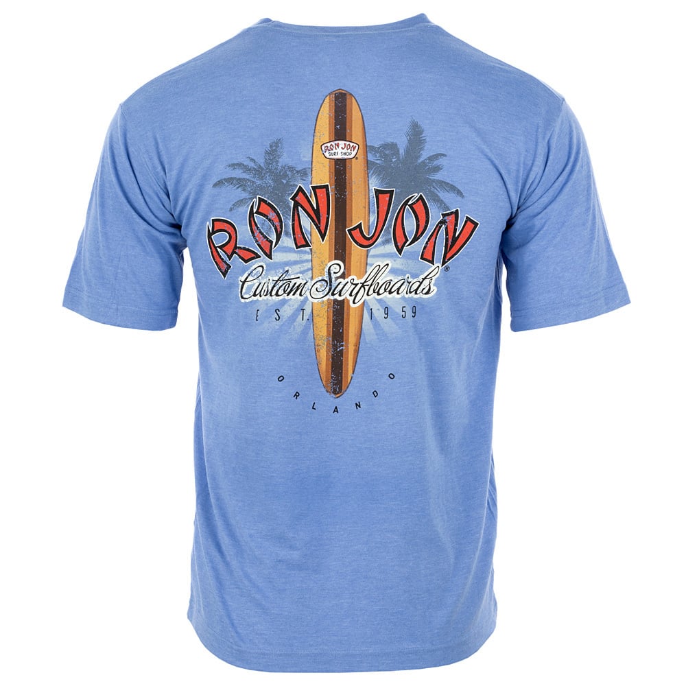 A blue T-shirt with a graphic of a surfboard, palm trees, and the text Ron Jon Custom Surfboards Est. 1959 Orlando on the back.