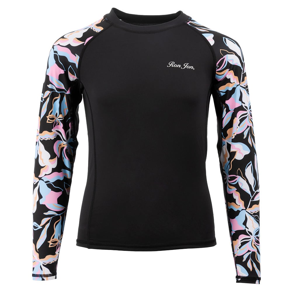 Long-sleeve black rash guard with floral-patterned sleeves and shoulders. Ron Jon logo on the chest.