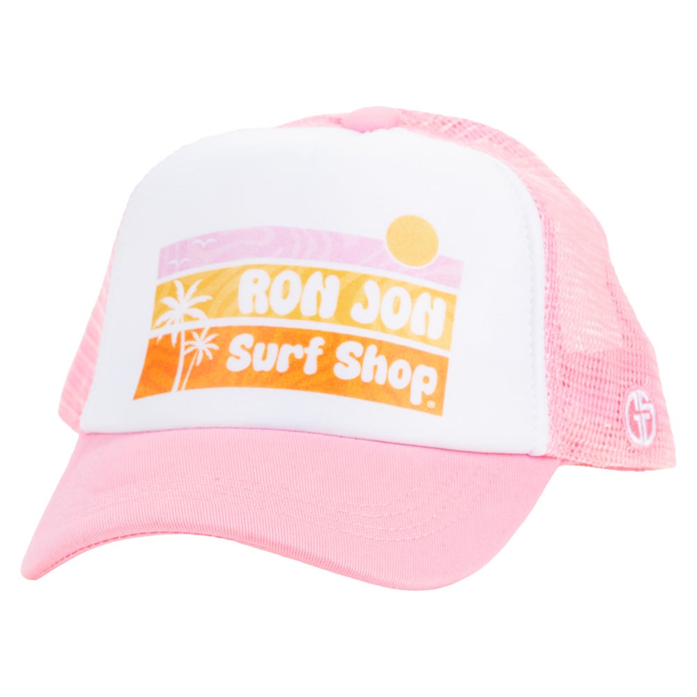 Pink and white trucker hat with Ron Jon Surf Shop logo, featuring palm trees and a sun.