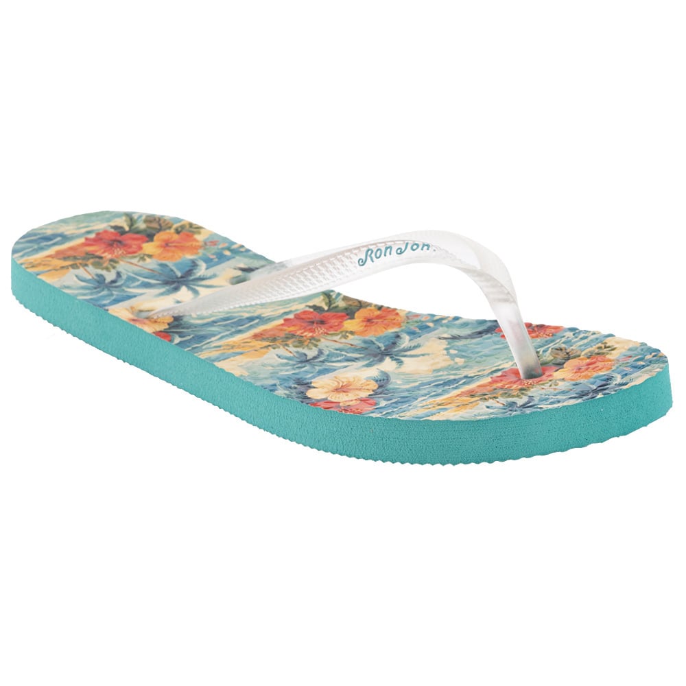 A flip-flop with a floral design on the footbed, featuring red and yellow flowers against a blue background. The strap is white, and the sole is turquoise.