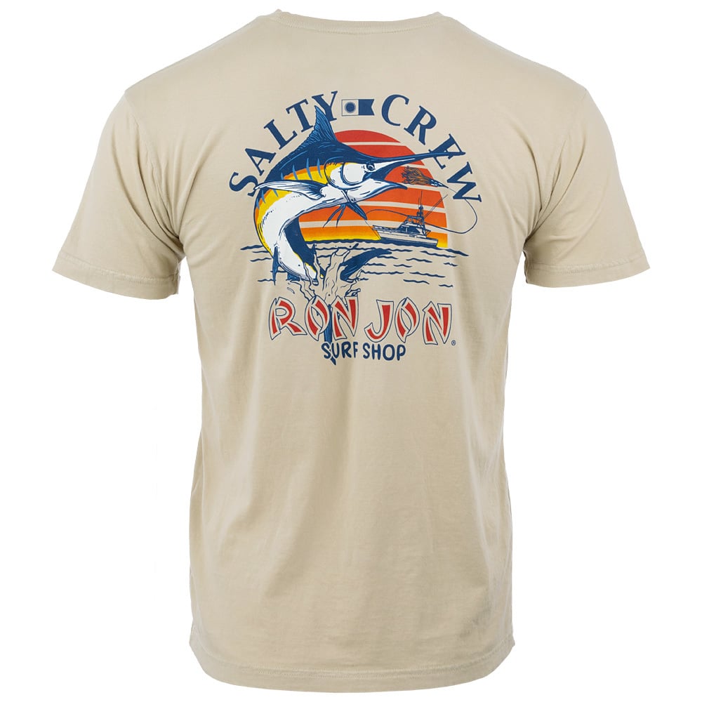 Beige T-shirt with Salty Crew and Ron Jon Surf Shop logo on the back, featuring a colorful marlin and sunset design.