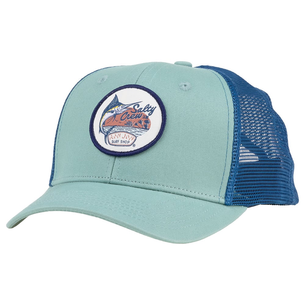 A light blue and navy mesh trucker hat with a round embroidered Salty Crew Ron Jon Surf Shop patch on the front.