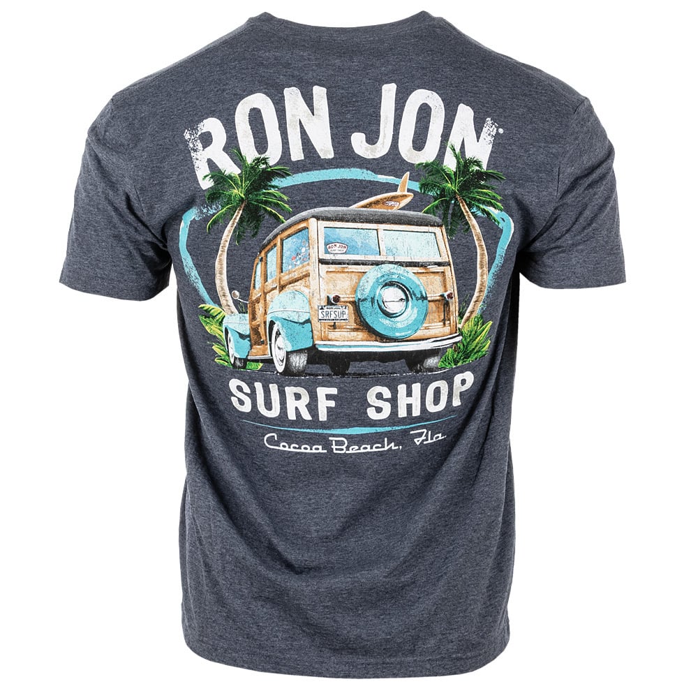 A navy t-shirt with a graphic of a vintage car, surfboard, and palm trees, reading Ron Jon Surf Shop, Cocoa Beach, Fla on the back.
