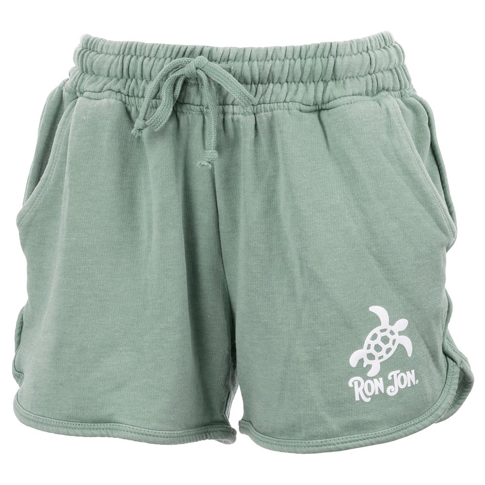 Green shorts with elastic waistband and drawstring, featuring a white turtle graphic and Ron Jon text on the right leg.