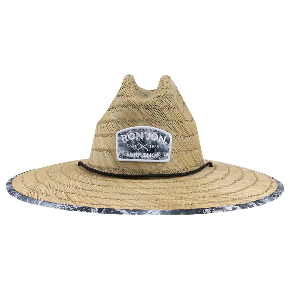 Wide-brimmed straw hat with a black trim and a Ron Jon Surf Shop logo patch on the front.