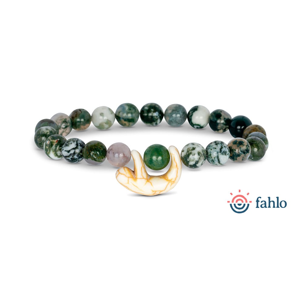 A beaded bracelet with green and white marbled stones, featuring a yellow and white sloth charm, displayed next to the Fahlo logo.