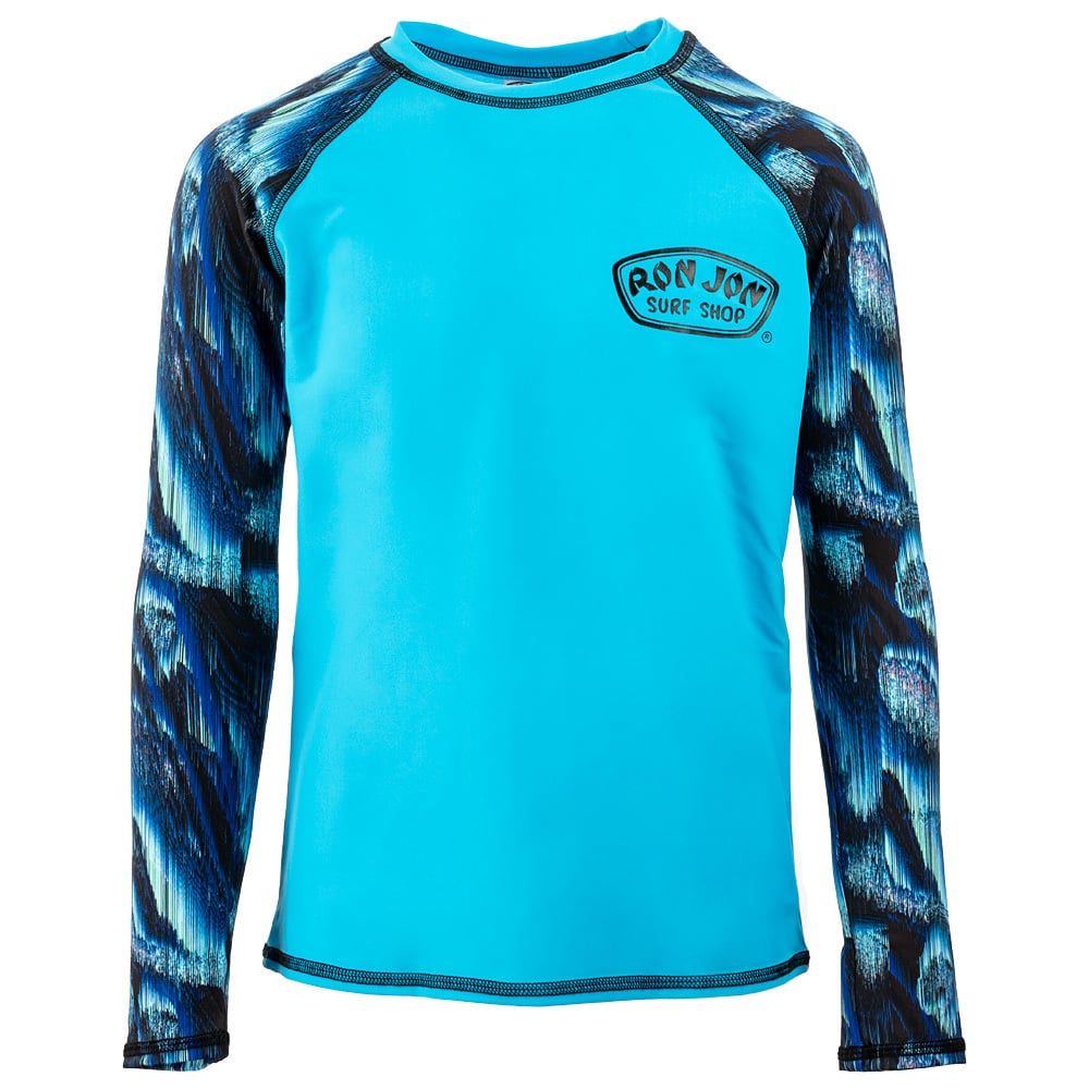 A long-sleeve, blue rash guard with patterned black and blue sleeves and a Ron Jon Surf Shop logo on the chest.