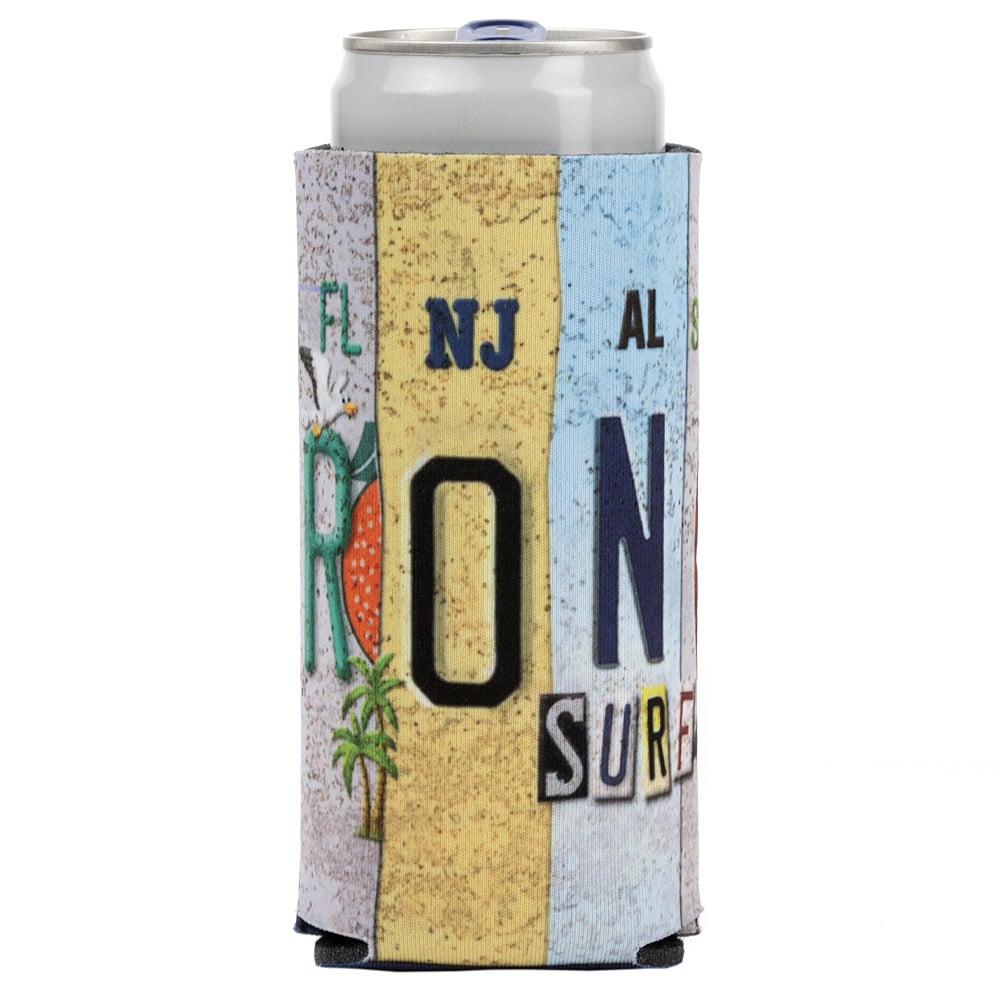 A beverage can in a sleeve featuring colorful vertical panels designed to resemble state license plates with partial letters and images.