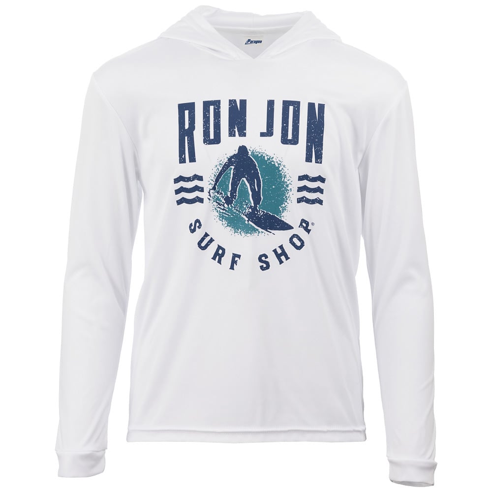 White long-sleeve hoodie with Ron Jon Surf Shop and a surfer graphic on the front.