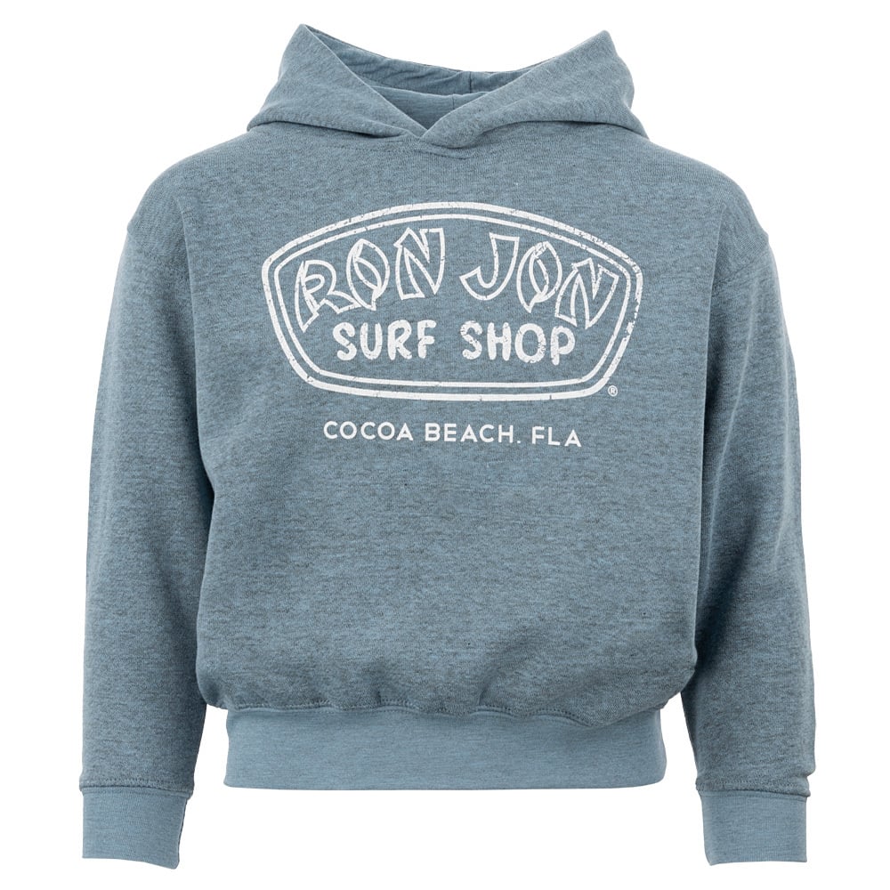 Gray hoodie with Ron Jon Surf Shop, Cocoa Beach, Fla. logo printed in white on the front.