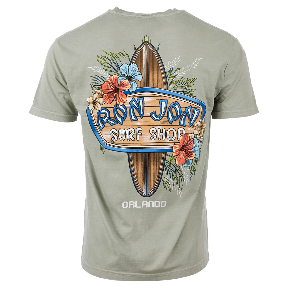 Gray green T-shirt featuring a surfboard and floral design with the text Ron Jon Surf Shop and Orlando on the back.