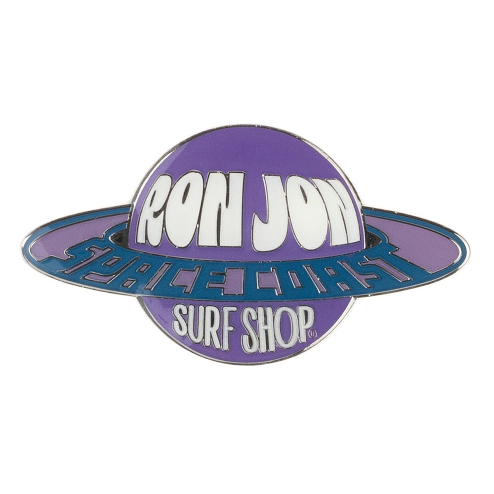 A magnet shaped like a planet with rings, featuring the text Ron Jon Space Coast Surf Shop in white and blue on a purple background.