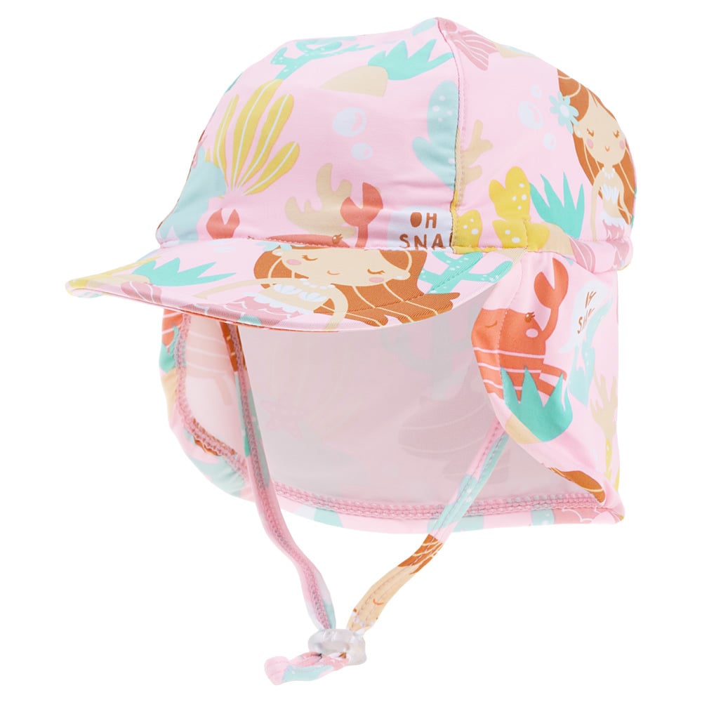 A pink childrens sun hat with a visor, neck flap, and chin strap, featuring a colorful underwater-themed pattern with seaweed, crabs, and mermaids.