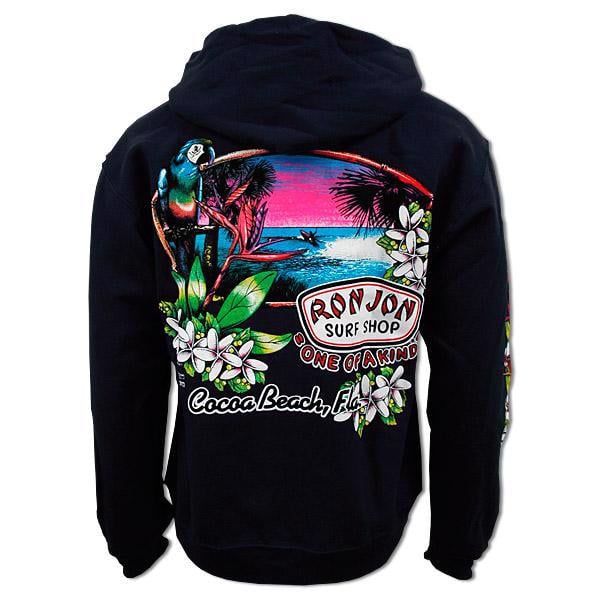 Navy colored hoodie featuring a colorful Ron Jon Surf Shop Cocoa Beach, FL graphic with a parrot, tropical flowers, palm trees, and an ocean sunset on the back.