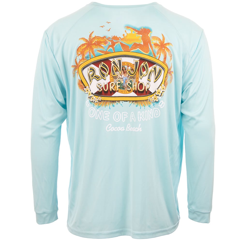 Light blue long-sleeve shirt with a colorful Ron Jon Surf Shop logo, palm trees, and One of a Kind Cocoa Beach text printed on the back.
