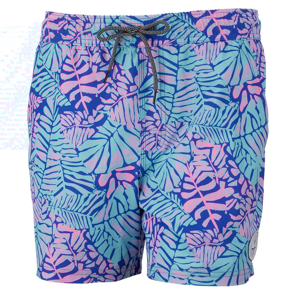 Colorful swim trunks with a blue, teal, and pink tropical leaf pattern, featuring a drawstring waist and a small logo patch on the lower left side.