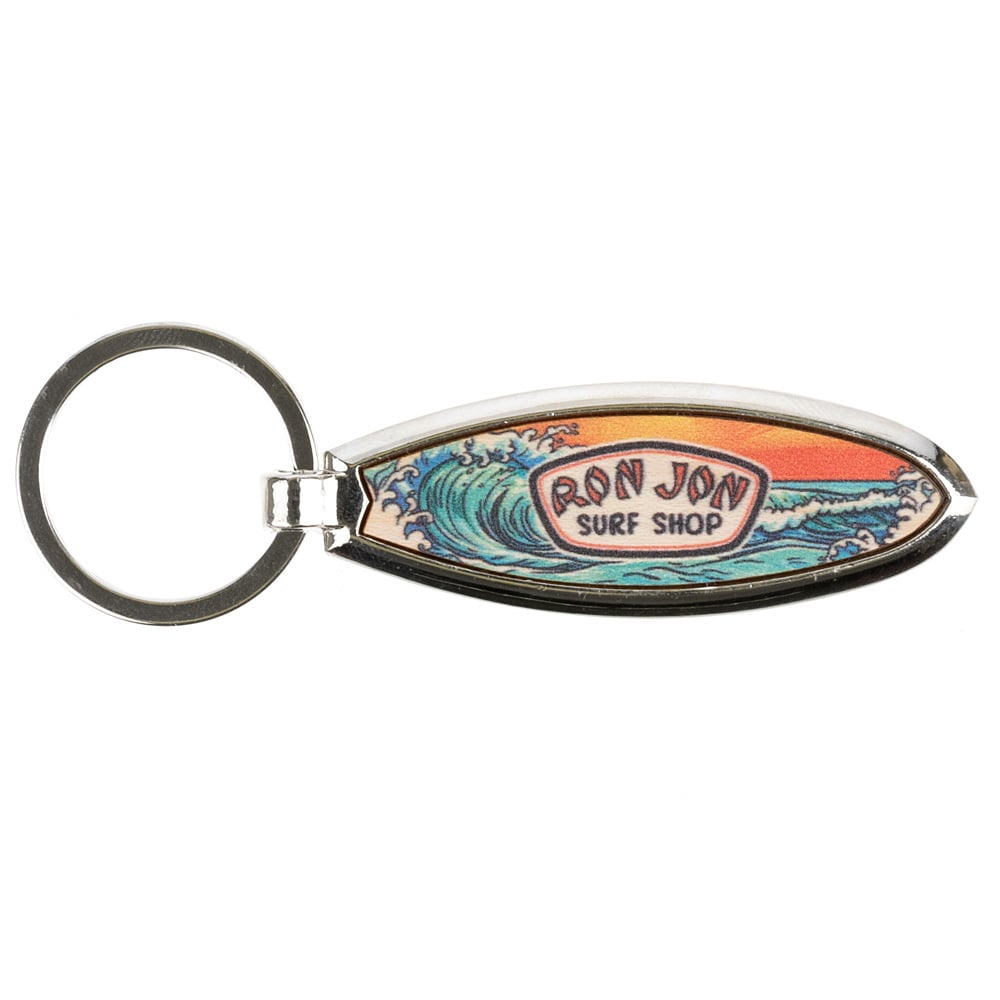 Oval keychain featuring a Ron Jon Surf Shop design with an ocean wave and sunset background.