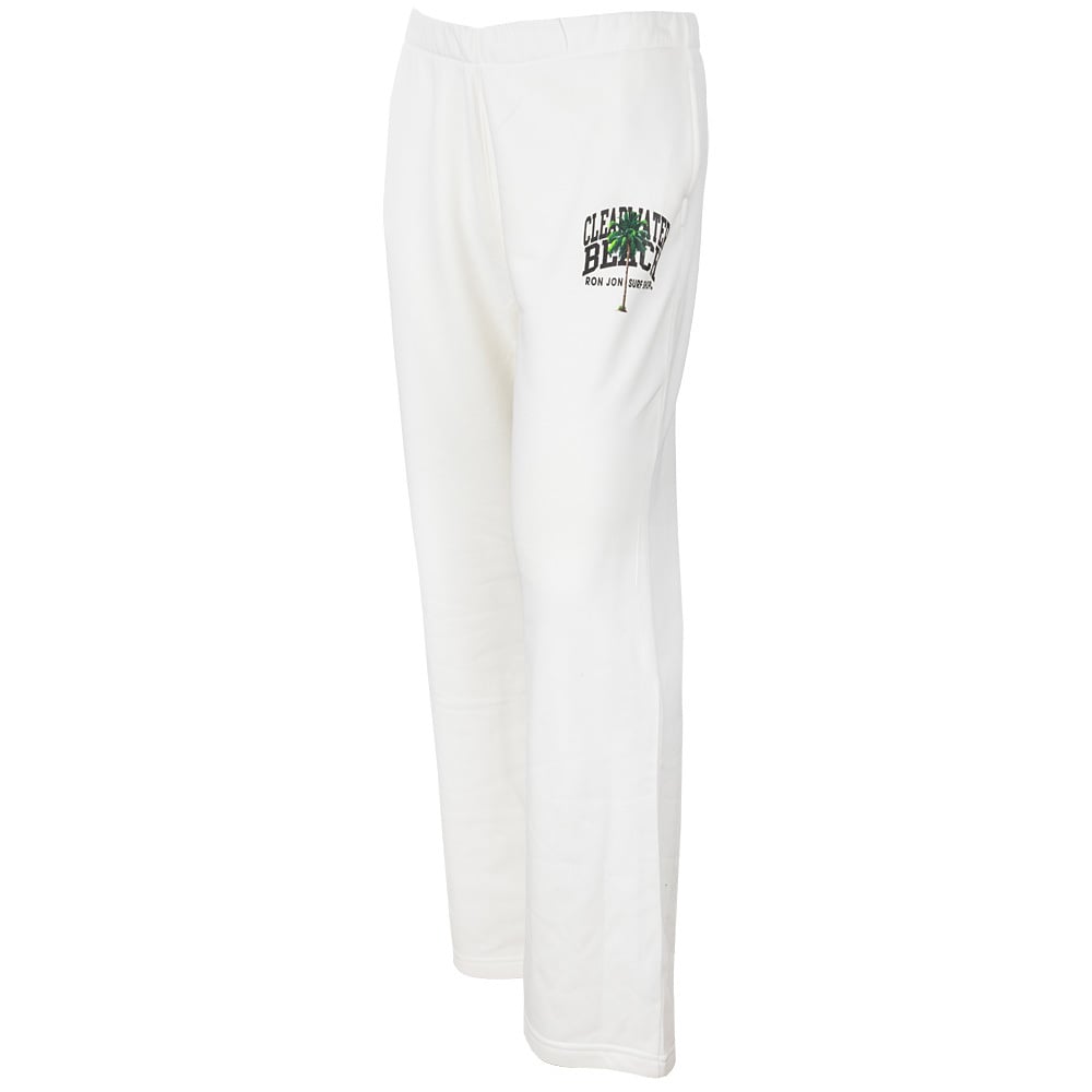 White sweatpants with an elastic waistband and a small Clearwater Beach logo printed on the upper left thigh.