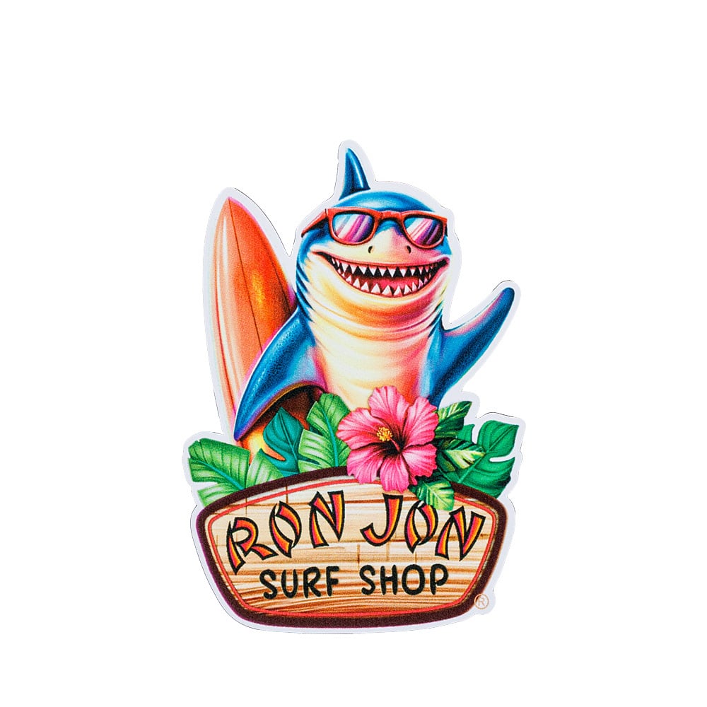 Cartoon shark wearing sunglasses, holding a surfboard, over a wooden sign with Ron Jon Surf Shop text and surrounded by hibiscus flowers and leaves.