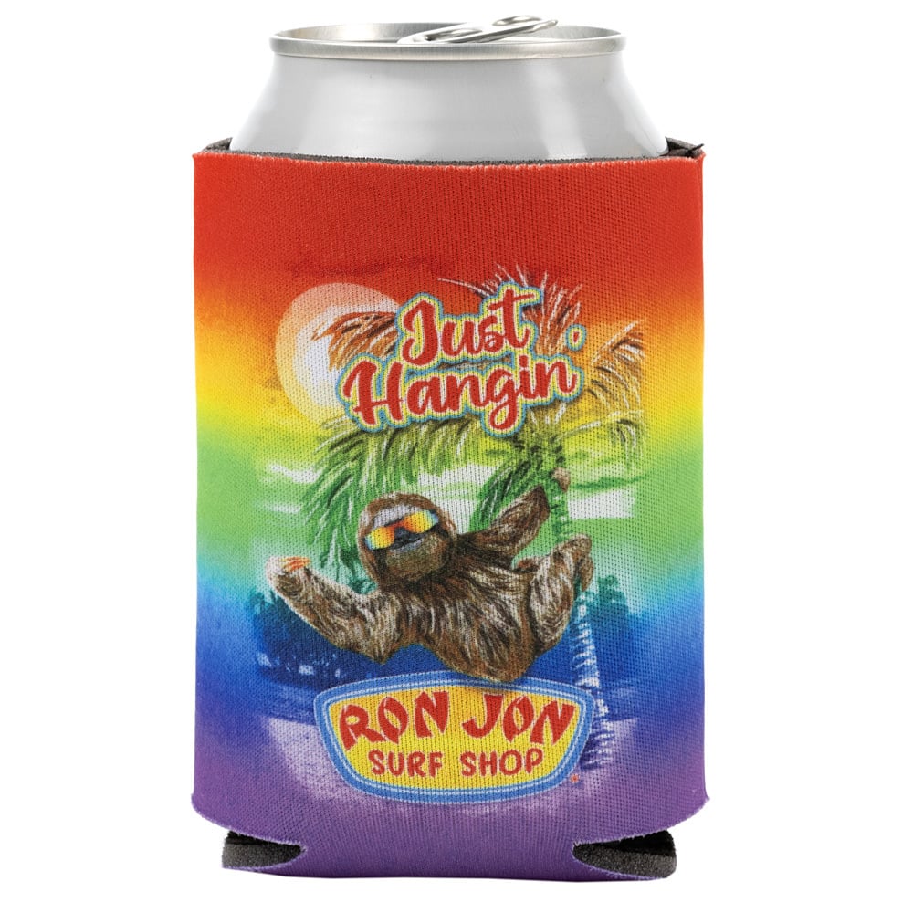 A can in a rainbow-colored coozie featuring a sloth, palm tree, Just Hangin, and Ron Jon Surf Shop text with a sunset background.