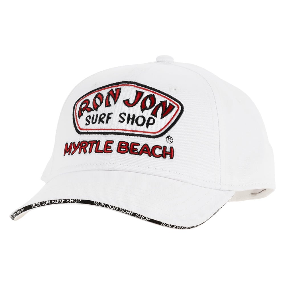 A white baseball cap with Ron Jon Surf Shop Myrtle Beach embroidered on the front and Ron Jon Surf Shop text on the edge of the brim.