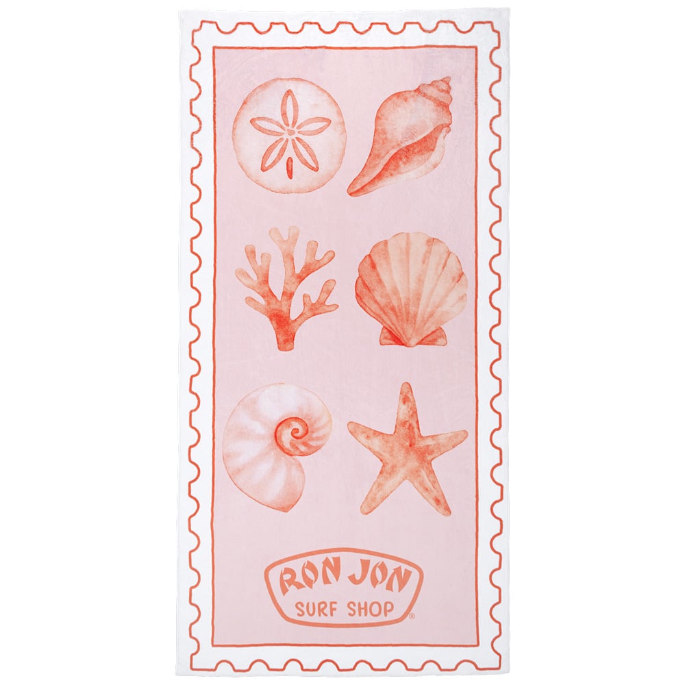 A beach towel featuring illustrations of seashells, coral, a sand dollar, and a starfish, with Ron Jon Surf Shop printed at the bottom, all in shades of pink and orange.