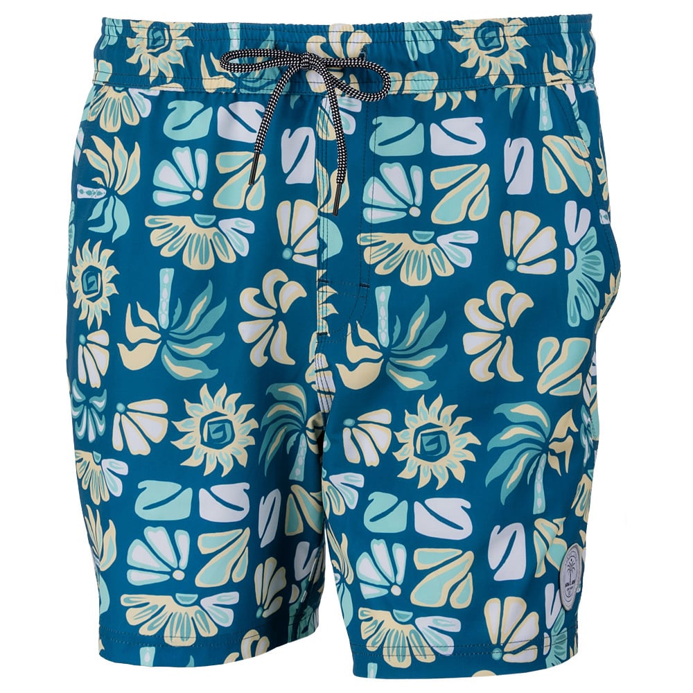 Blue swim trunks with a drawstring waist, featuring a floral and geometric pattern in shades of yellow, white, and light blue.