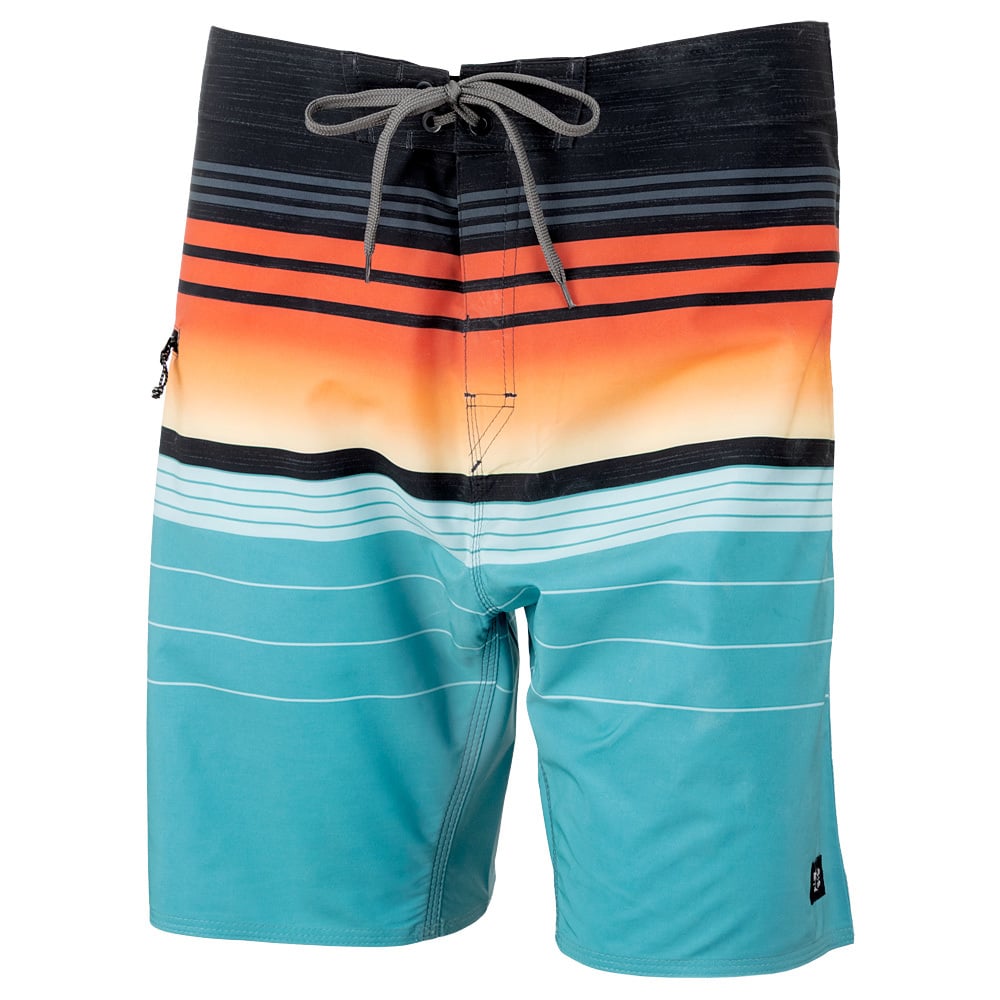 Multicolored board shorts with horizontal stripes, featuring black, orange, white, and turquoise hues. Equipped with a drawstring waistband and a side pocket.