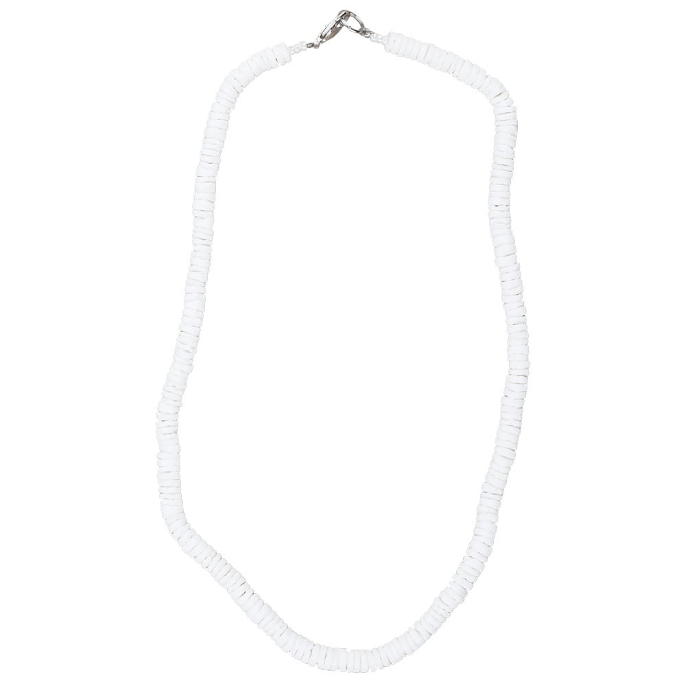 White puka bead necklace with a metal clasp, laid out in an oval shape on a plain background.