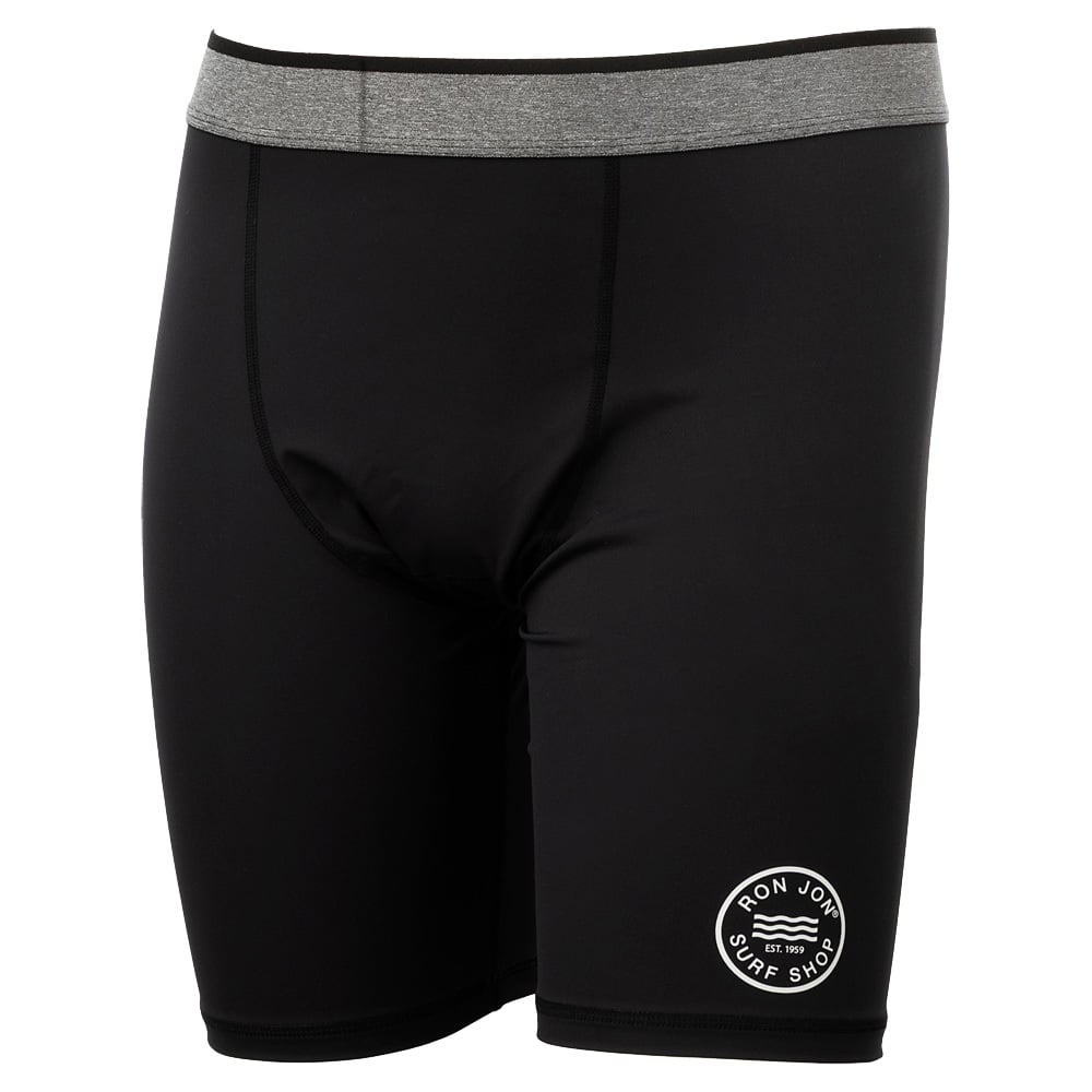Black athletic shorts with gray waistband featuring the Ron Jon Surf Shop logo on the left thigh.