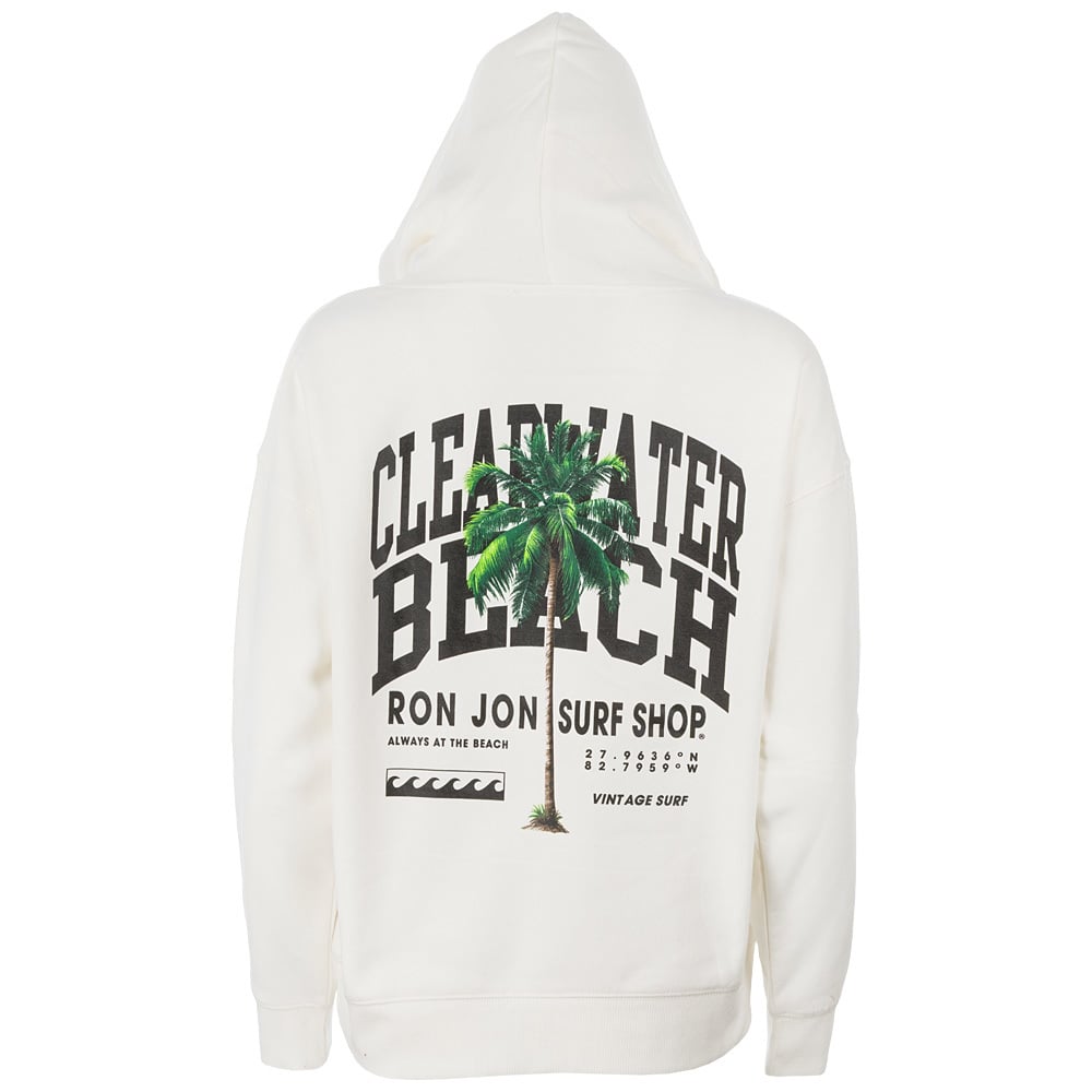 White hoodie with a palm tree graphic and the text Clearwater Beach Ron Jon Surf Shop printed on the back.