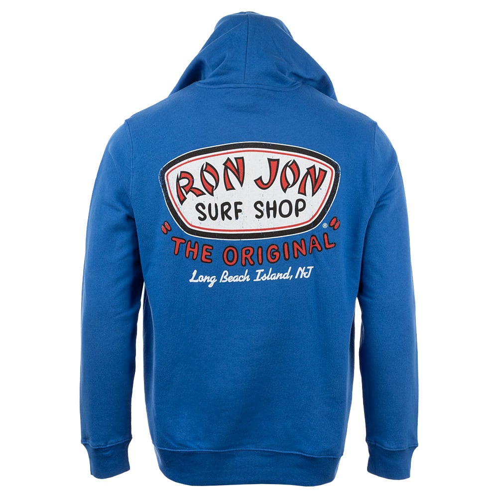 Blue hooded sweatshirt with Ron Jon Surf Shop The Original Long Beach Island, NJ printed in red and black on the back.