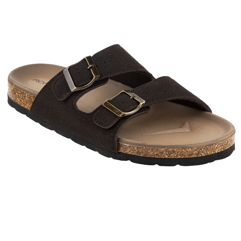 Brown sandal with dual adjustable straps and buckles, cork footbed, and black sole.