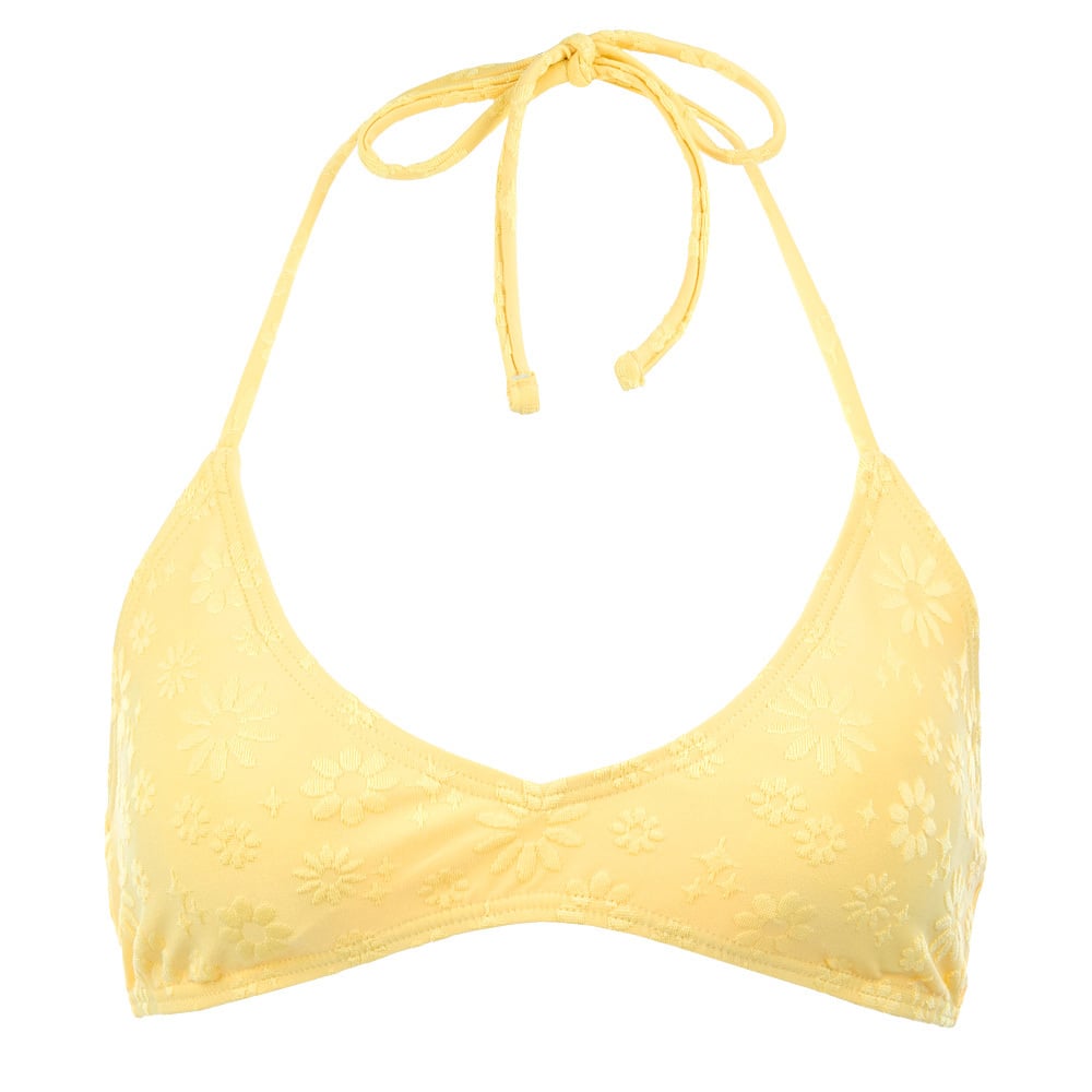 Yellow halter bikini top with a floral embossed pattern on fabric.