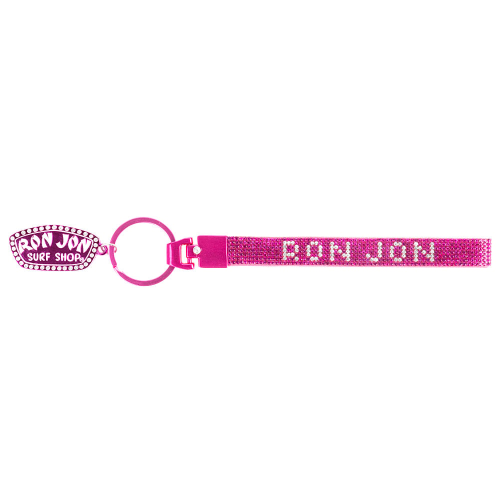 A pink Ron Jon Surf Shop keychain with rhinestone detailing and attached oval metal tag displaying the Ron Jon logo.