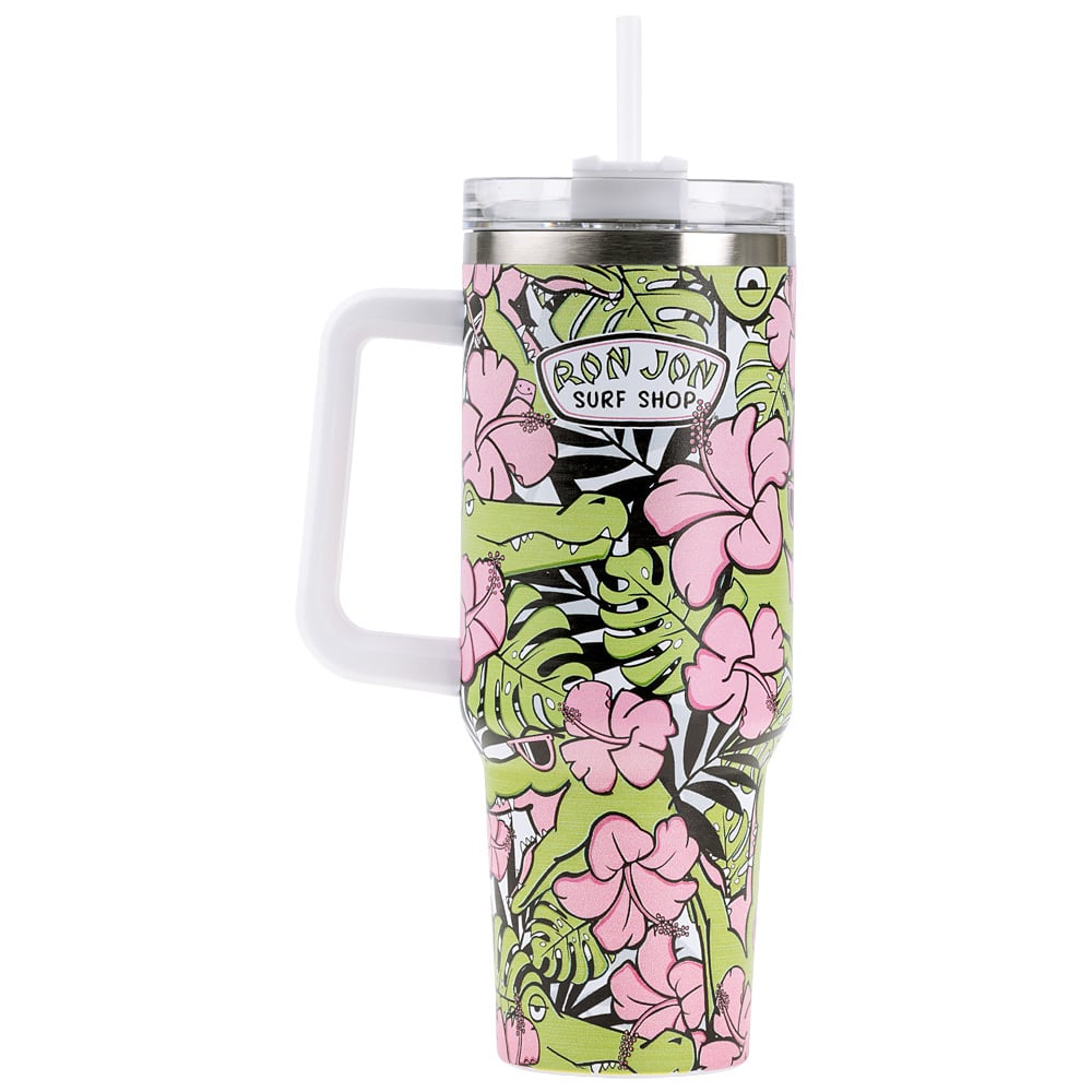 A large insulated tumbler with a handle, floral and aligator pattern, a clear lid, and straw, labeled Ron Jon Surf Shop.
