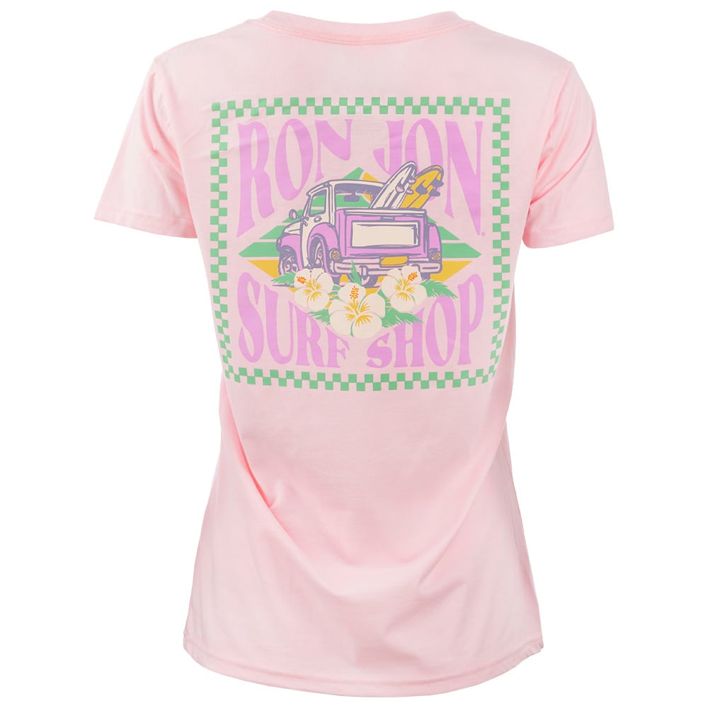Light pink T-shirt featuring a graphic of a pink truck with surfboards, flowers, and green checkered border. Text reads Ron Jon Surf Shop.