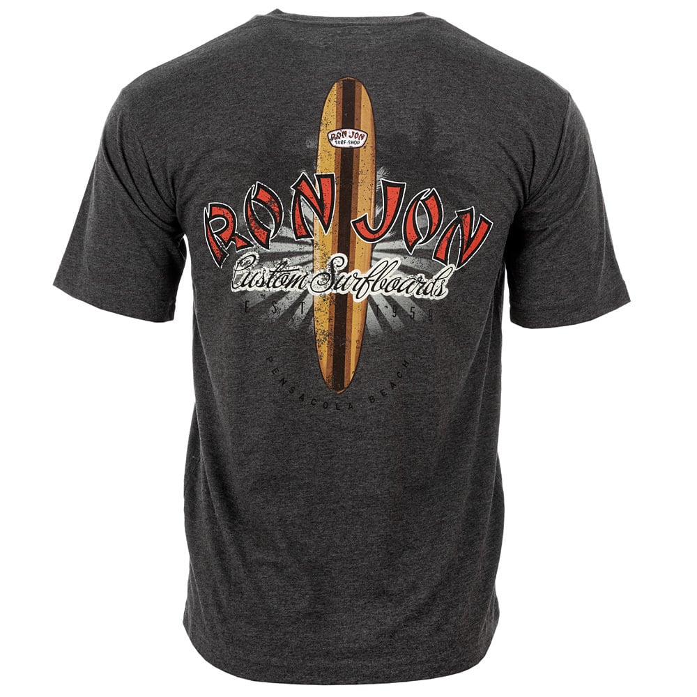 Back view of a dark grey t-shirt featuring a large graphic of a surfboard with the text Ron Jon Custom Surfboards and additional decorative lettering.