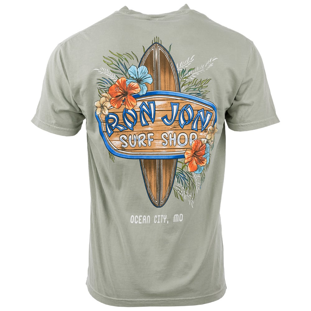 Back of a t-shirt featuring a Ron Jon Surf Shop logo with a surfboard design, surrounded by flowers, and Ocean City, MD written below.